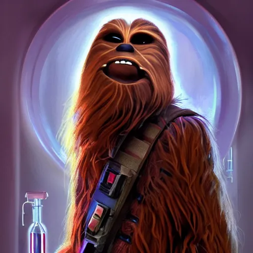 Prompt: chewbacca in a medical gown in an underground laboratory, vivid color, highly detailed, digital painting, artstation, concept art, matte, sharp focus, impressionnisme, art by edward robert hughes