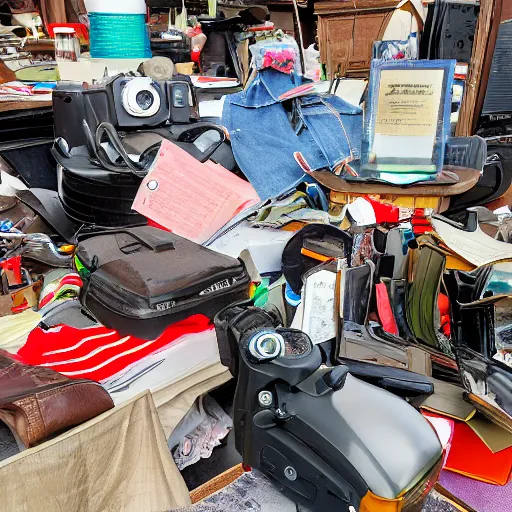 Prompt: photo of a cluttered table at a garage sale, highly detailed, high quality, HD, 4k, 8k, Canon 300mm, professional photographer, 40mp, lifelike, top-rated, award winning, realistic, sharp, no blur, edited, corrected, trending
