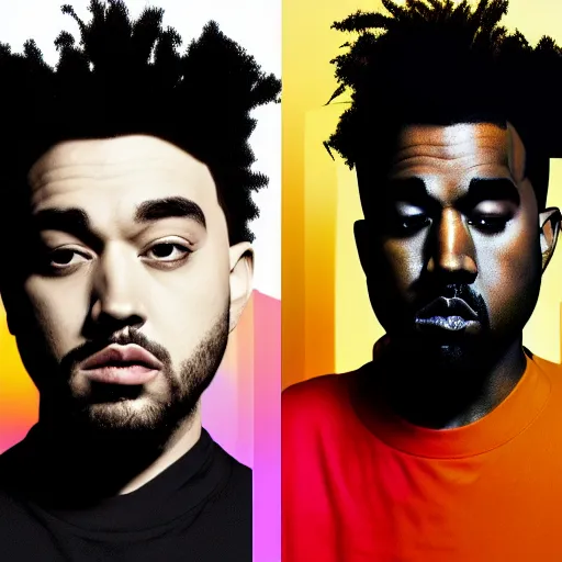 Prompt: a fusion between joji the weeknd and kanye west, looking at the camera, realistic, 4 k, hdr, grainy