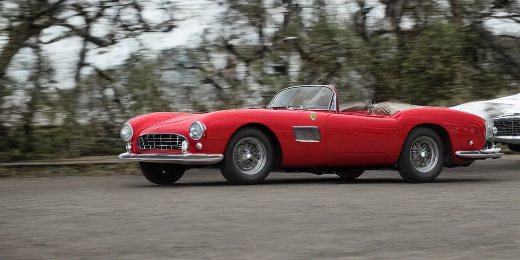 Image similar to photograph, 1958 FERRARI 250 GT, roadster, by Peter Singhof, press release, cinematic, PCH, 8k, depth of field, bokeh. rule of thirds