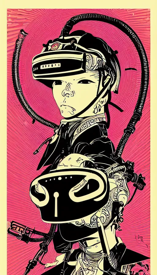 Image similar to !dream Illustrated by Shepard Fairey and H.R. Geiger | Cyberpunk Samurai with VR helmet, surrounded by cables