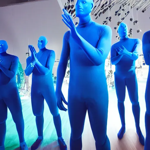 Prompt: blue man group wearing all blue, in blue hour lighting, feeling blue, listening to eiffel 65's song called 'blue'
