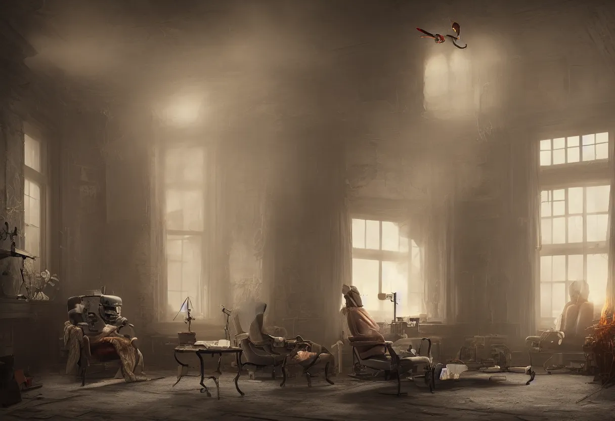 Image similar to intimate portrait photograph of one single lone solitary futuristic robot sitting on a frayed recliner in front of a beautiful fireplace with a cozy fire, in a dupost-apocalyptic Victorian home, soft morning light seeping in a window, with cinematic lighting and lens flare, tall ceiling, octane render, cgsociety, by Simon Stalenhag and Alfonso Cuaron, highly detailed closeup portrait, award-winning highly detailed 8k anamorphic closeup tight cinematic movie photograph