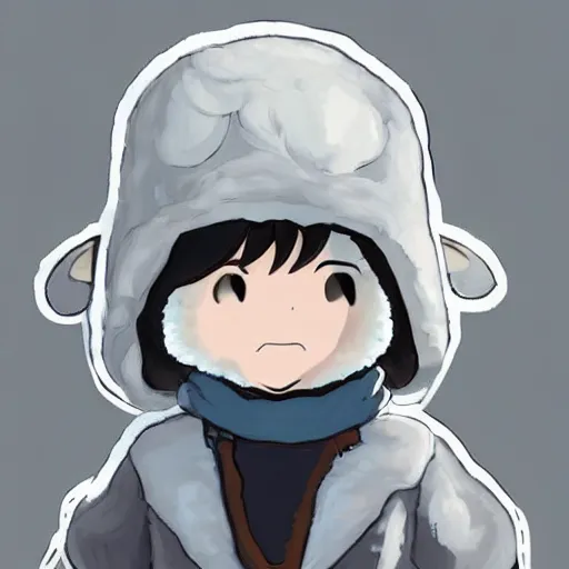 Image similar to little boy wearing sheep suit. white, gray, blue, green and brown pallet color. made in abyss art style, inspired in chris from deltarrune, artgerm, pixar movie
