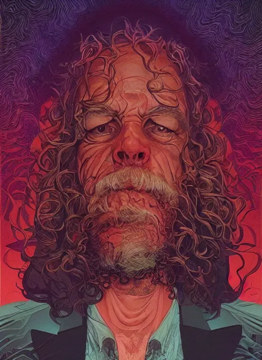 Image similar to poster artwork by Michael Whelan and Tomer Hanuka, Karol Bak of Terence McKenna, from scene from Twin Peaks, clean