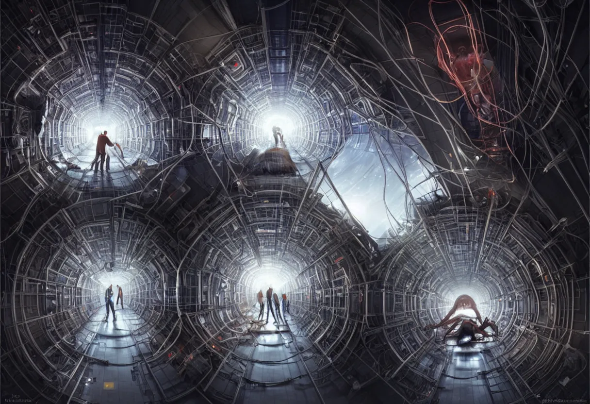 Image similar to man trapped inside cern large hadron collider, his body getting pulled apart by particle collision, ultra high definition, ultra detailed, symmetry, matte painting, by greg rutkowski and ross tran and wlop