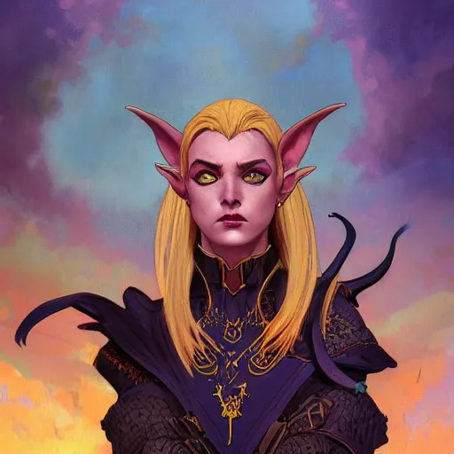 Prompt: dnd character portrait of a beautiful and androgynous half - elf with messy short red hair and catlike features and dark skin tone and yellow eyes with slit pupils, golden hour, wearing a colorful men's suit, realistic painting by tasha beckwith and ross tran and gerald brom and alphonse mucha, trending on artstation
