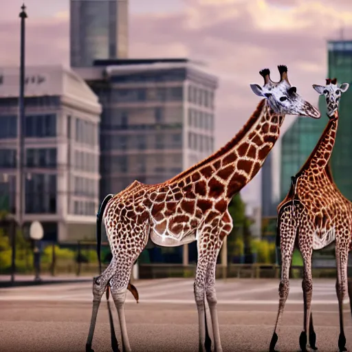 Image similar to giraffes roaming in center of helsinki, urban, photo, hyper realistic, detailed shading, 4 k render, national geographic style