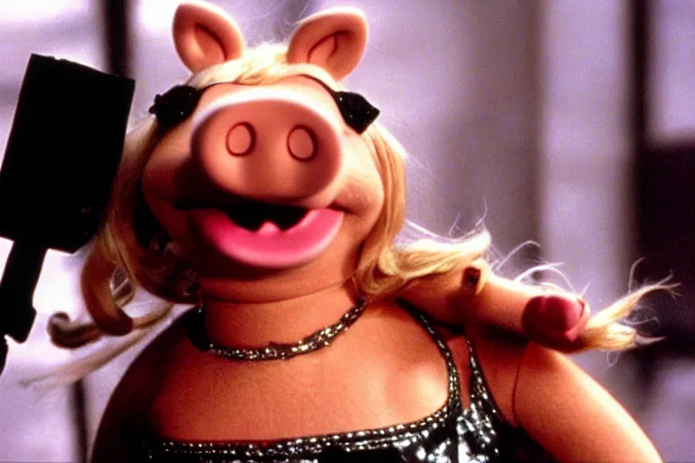 Image similar to movie still of miss piggy starring as trinity in the matrix 1 9 9 9 movie