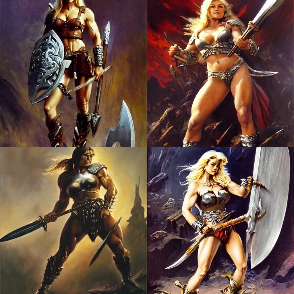 Prompt: A Frank Frazetta oil painting of a beautiful muscular barbarian blonde woman wearing silver armor holding a large battle axe , dynamic shot , HD 4k , intricate , highly detailed , atmospheric , sharp ,