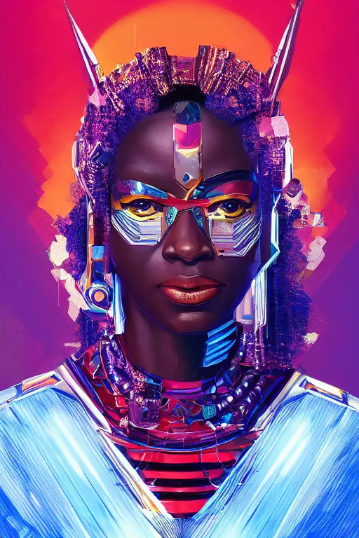 Prompt: portrait of the African Android Queen, by DC comics and Sandra Chevrier and beeple, artstation, volumetric lighting, hyperrealism, 4k UHD