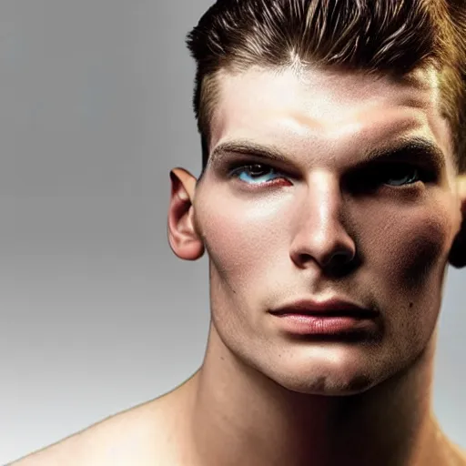 Image similar to “a realistic detailed photo of a guy who is an attractive humanoid who is half robot and half humanoid, who is a male android, Max Verstappen, shiny skin, posing like a statue, blank stare”