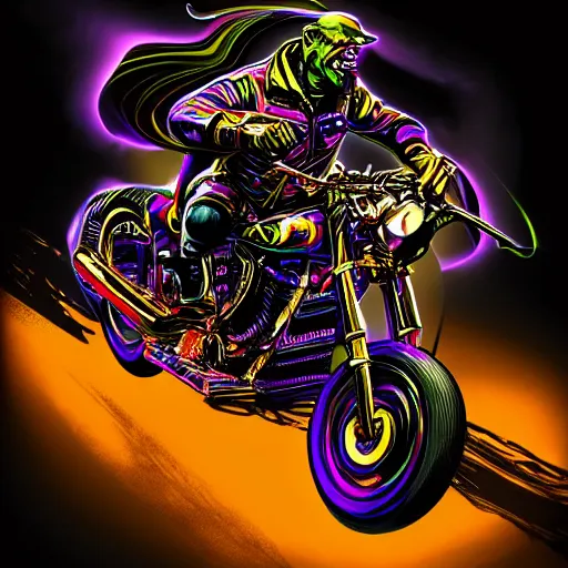 Prompt: psychedelic blacklight airbrush artwork, hyperrealistic motorcycle, hyper stylized action shot of an orc biker riding a motorcycle doing a wheelie, clear focused details, soft airbrushed artwork, black background, cgsociety, artstation