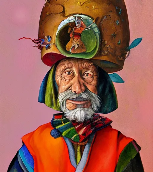 Image similar to Portrait painting in a style of Hieronim Bosch of an old shaman dressed in a colorful traditional clothes.