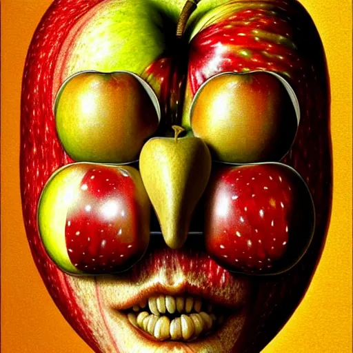 Image similar to apples arranged in the shape of a face, fantasy, intricate, elegant, highly detailed, lifelike, photorealistic, digital painting, artstation, illustration, smooth, sharp focus, art by giuseppe arcimboldo