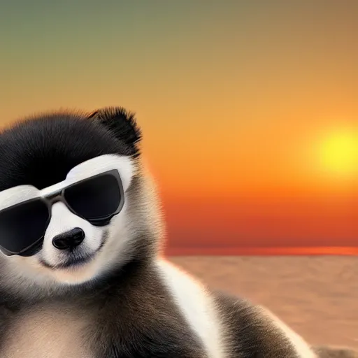 Prompt: a closeup photorealistic photograph of a stylish panda themed Pomeranian puppy dog wearing cat-eye sunglasses at the beach during sunset. Surf in the background. This 4K HD image is Trending on Artstation, featured on Behance, well-rendered, extra crisp, features intricate detail and the style of Unreal Engine.