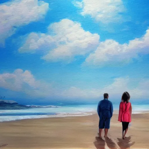 Image similar to a man and a woman looking to the sea in a beach, sunshine, realistic, clouds , illustration, artstation