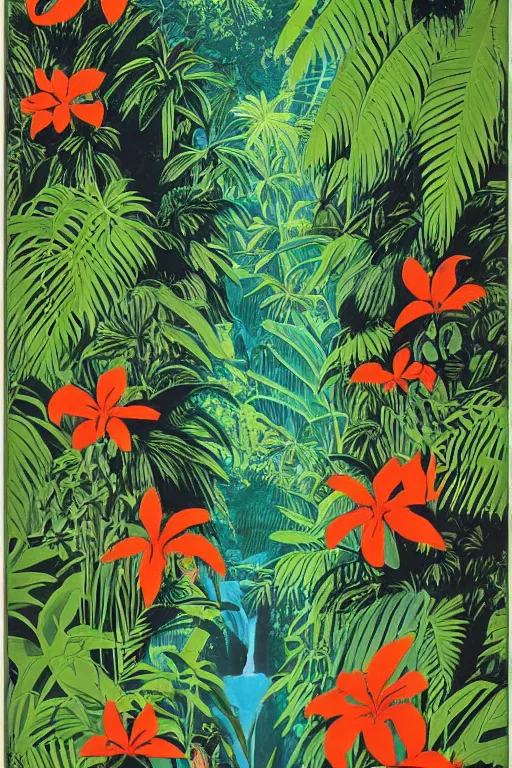 Image similar to New Zealand subtropical rainforest poster designed by Emmet McBain, 1960s