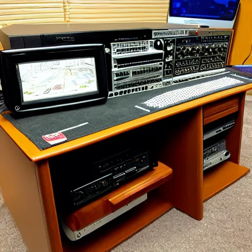 Image similar to large radio console, desk with lots of ham radio, yaesu, icom, kenwood, amateur radio, 8 k, photo realistic, high detail