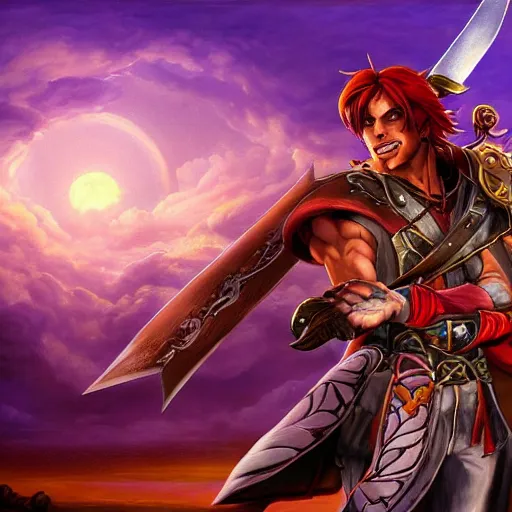 Image similar to painting of raphael from soulcalibur!!!!!, watching a purple and orange sunset!!, from the black mage cemetery!!!, in the style of justin gerard!!!!