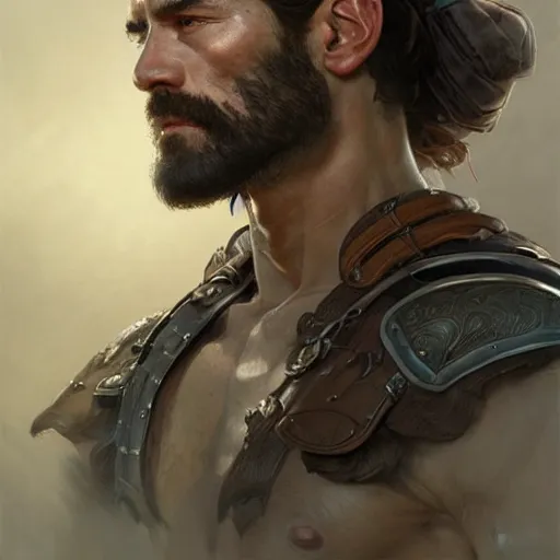 Image similar to portrait of a rugged ranger with exposed muscular thighs, hairy torso, D&D, fantasy, intricate, elegant, highly detailed, digital painting, artstation, concept art, matte, sharp focus, illustration, art by Artgerm and Greg Rutkowski and Alphonse Mucha