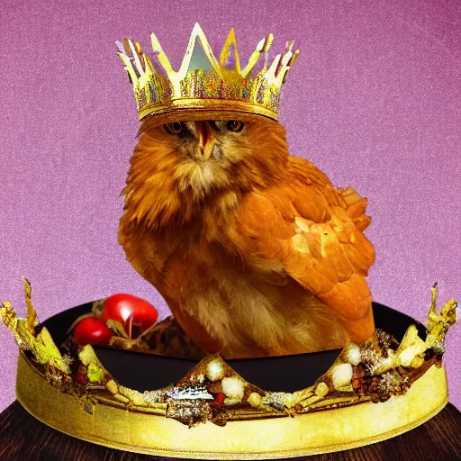 Prompt: breaded chicken sitting on the king’s throne with a crown of a king in top of it, hyper realistic, 4k