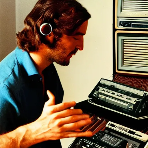 Prompt: god himself using a vintage 1 9 7 0 s 8 - track, vintage hifi, bill henson photo, hyper real, godly