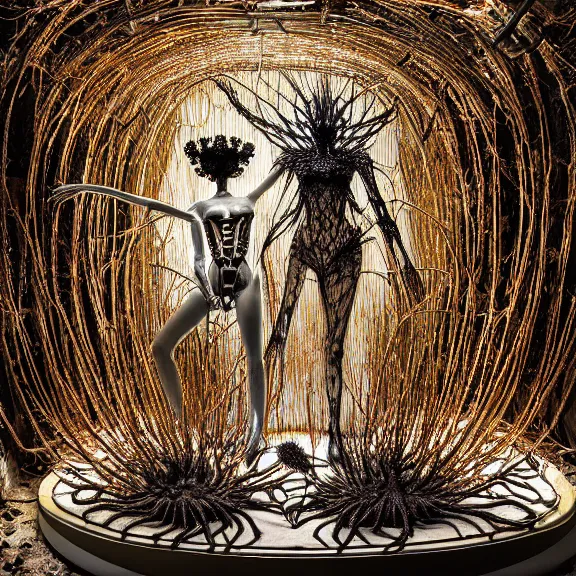 Image similar to symmetric frame from Prometheus, biomechanical gaia, by Neri Oxman and alexander mcqueen metal couture editorial, in mycelium macro mushroom hanging garden by giger by utagawa kuniyoshi by Yuko Shimizu