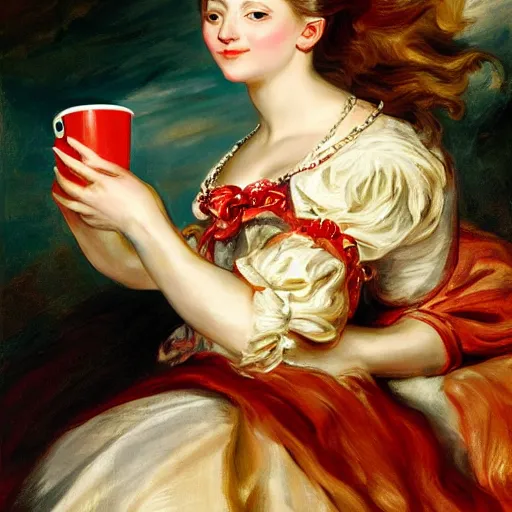 Image similar to heavenly summer sharp land sphere scallop well dressed lady holding a starbucks coffee cup, auslese, by peter paul rubens and eugene delacroix and karol bak, hyperrealism, digital illustration, fauvist,