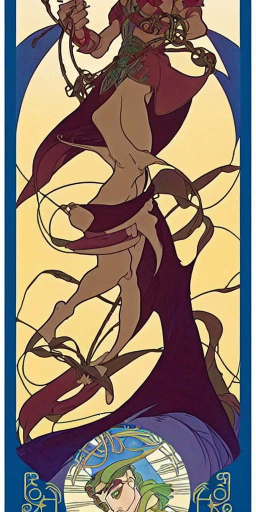 Image similar to the fool, rider tarot card with an art deco boarder, high quality, digital painting, by don bluth and ross tran and studio ghibli and alphonse mucha, artgerm