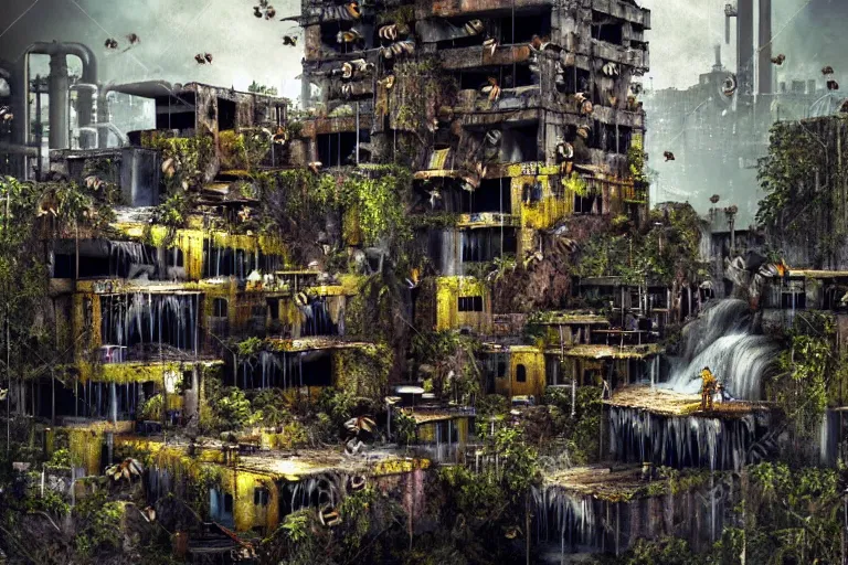 Prompt: gothic waterfall favela honeybee hive, brutalist environment, industrial factory, apocalyptic, somber, award winning art, epic dreamlike fantasy landscape, ultra realistic,