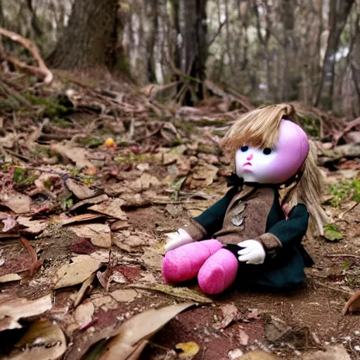 Prompt: broken doll in the woods, found footage