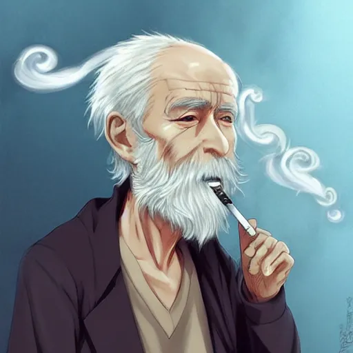 Prompt: anime old man smoking a cigarette, white smoke, art by Ross Tran