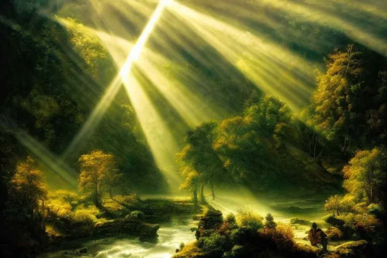 Image similar to masterpiece lord of the rings painting of trees on a hillside overlooking a creek, dramatic lighting with god rays, by andreas franke