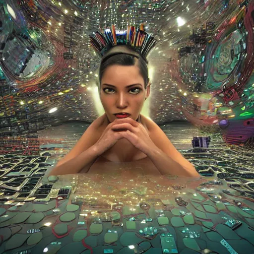 Image similar to deeper into the metaverse we go, piles of modular synth cables, kawaii puerto rican goddess swimming up wearing a headpiece made of circuit boards, by cameron gray, wlop, stanley kubrick, masamune, hideki anno, jamie hewlett, unique perspective, trending on artstation, 3 d render, vivid