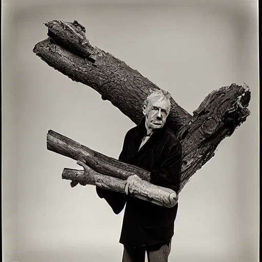 Image similar to a feathered man holding a log, large format film photo by richard avedon