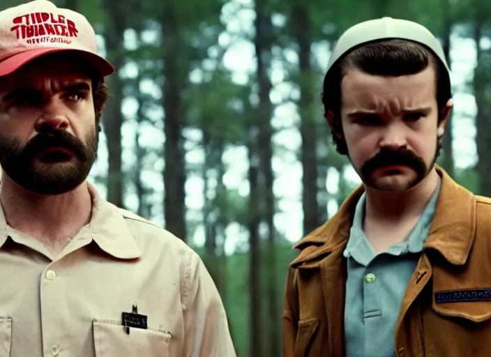 Image similar to film still of jim hopper as dustin henderson in stranger things, 8 k