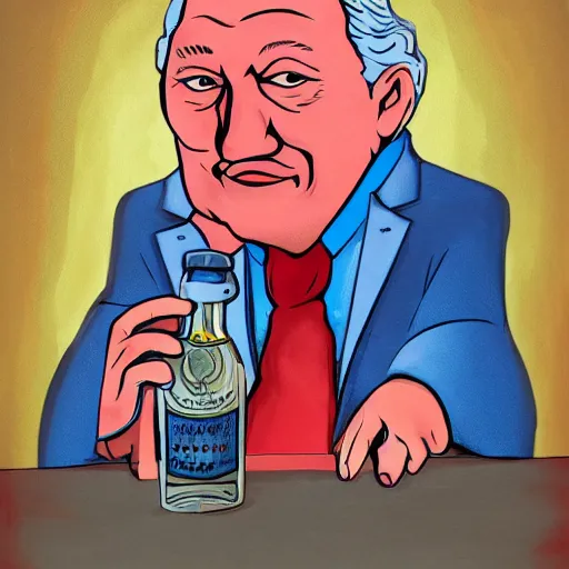 Prompt: yeltsin with red eyes holding a bottle of vodka, scary art in color