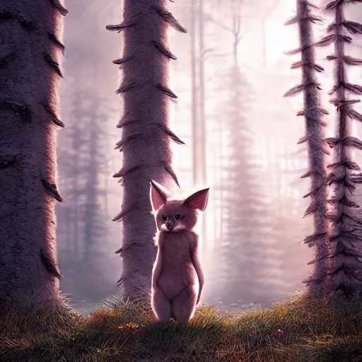 Image similar to a cute furry creature with long ears standing in a forest, michael kutsche, cinematic lighting