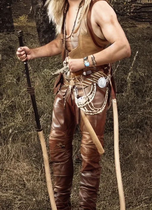 Prompt: a male ranger with a bongo drum and nunchucks,, dnd, wearing a leather vest and white linen pants, chiseled good looks, long swept back blond hair, puka shell necklace, digital art