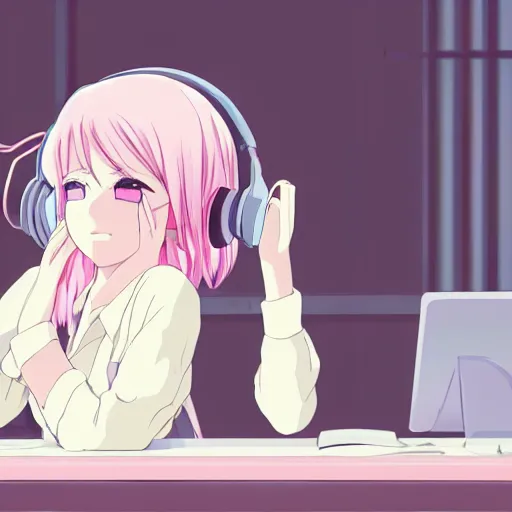 Prompt: high definition anime portrait of an anime girl with pastel colored hair sitting at a desk studying with headphones on, background is a window looking out into a busy Tokyo district, lo-fi art, by Studio Ghibli, trending on artstation, sharp high quality anime, digital art, photoshop, proportionate, ambient lighting