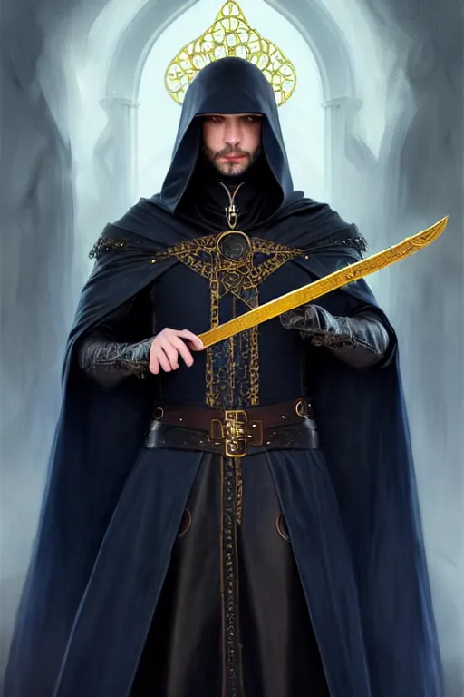 Prompt: handsome mage holding a spear, long black hair blue eyes wearing leather mantle gothic navy cloak with gold details, castle town, fantasy character portrait, ultra realistic, intricate, elegant, highly detailed, digital painting, artstation, smooth, sharp, focus, illustration, art by artgerm and greg rutkowski and alphonse mucha