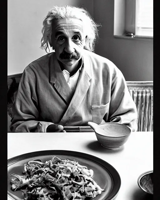 Prompt: a portrait of albert einstein sitting at the dining table with a plate containing manchurian in front of him, highly detailed, trending on artstation, bokeh, 9 0 mm, f / 1. 4