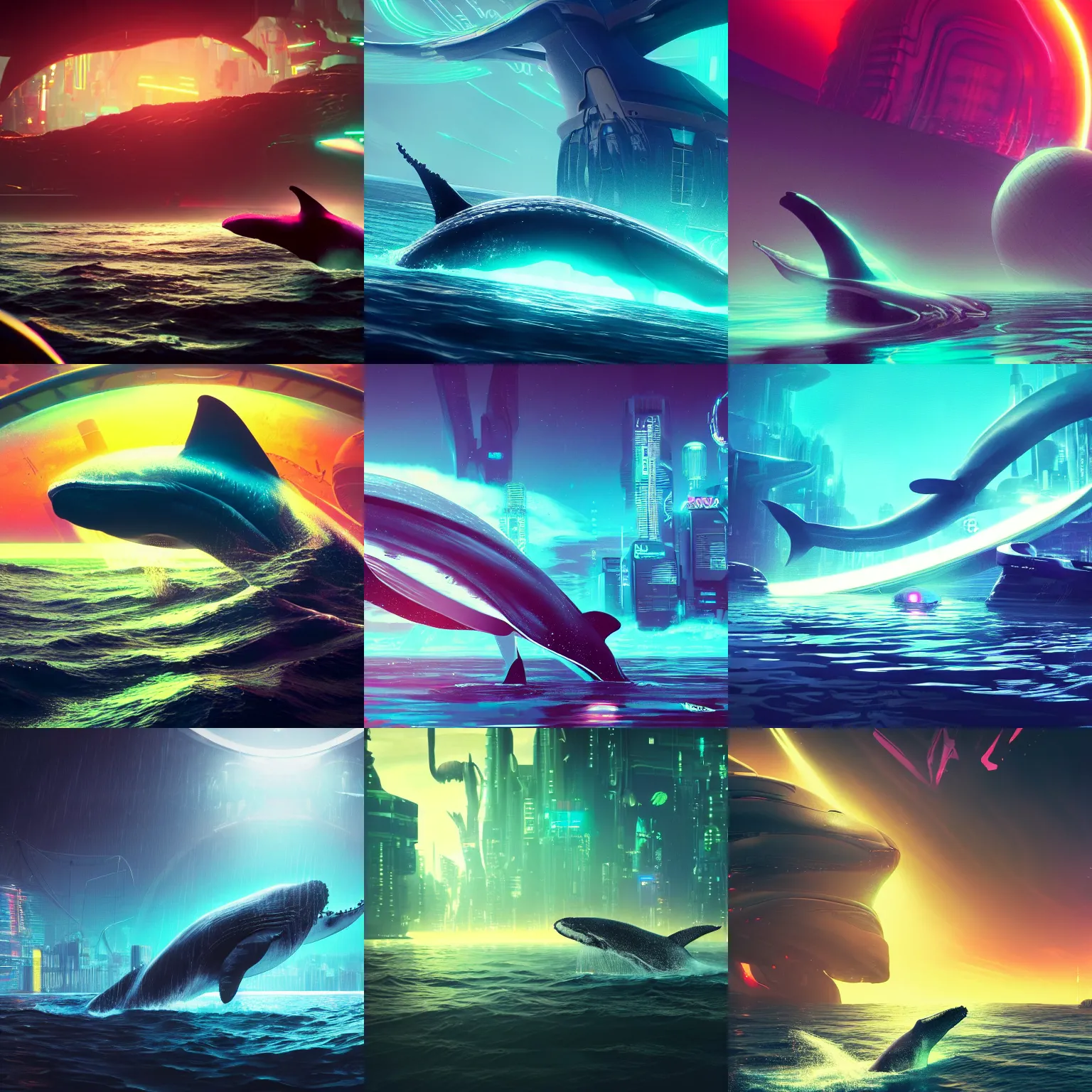 Prompt: photo of a whale floating on an alien cyberpunk neon planet, cinematic, atmospheric, 8k, trending on artstation