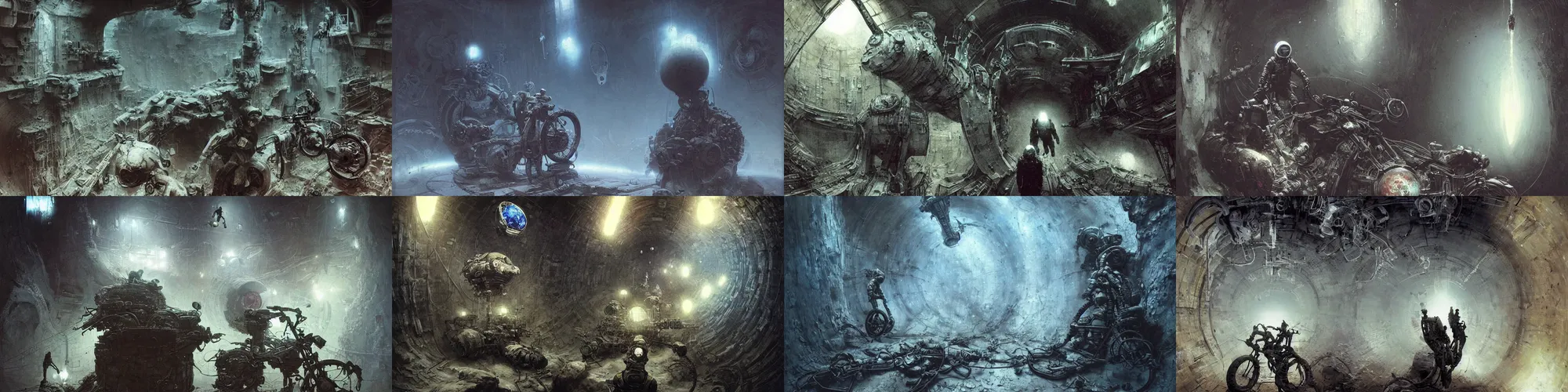 Prompt: soviet cosmonavt on old broke bike in the dirty cave, moscow metro, space travel, art by beksinski and stephan martiniere, fatal, singularity, cold, claustrophobia, steamcore, closely, japan poster, fear