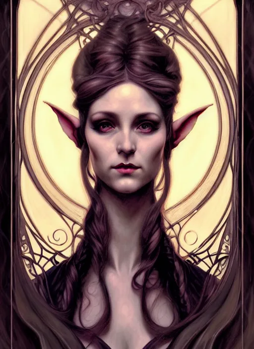 Prompt: an art nouveau, beautiful elf portrait in the style of charlie bowater, and in the style of donato giancola, and in the style of charles dulac. very large, clear, expressive, intelligent eyes. symmetrical, centered, ultrasharp focus, dramatic lighting, photorealistic digital painting, intricate ultra detailed background.
