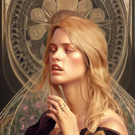 Image similar to Maya Stepper , intricate, elegant, highly detailed, digital painting, artstation, concept art, smooth, sharp focus, illustration, art by artgerm and greg rutkowski and alphonse mucha