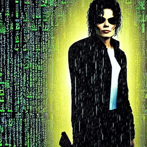 Prompt: Michael Jackson in the Matrix, raining codes background