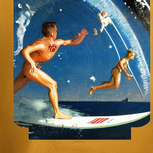 Image similar to surfing in space norman rockwell
