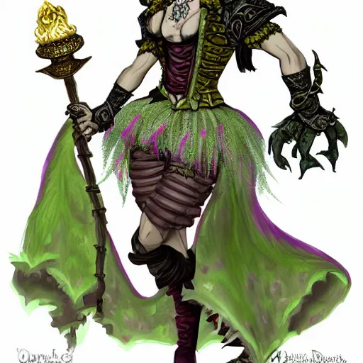 Prompt: d&d character artwork of an orc drag queen (a male orc in frilly women\'s clothing, orc has green skin) who is wearing a very girly prissy frilly rococo ballgown outfit and a huge rococo powdered wig, rococo fashion, drag, girly, fabulous, D&D, fantasy, highly detailed, digital painting, artstation, smooth, sharp focus, illustration, art by artgerm and greg rutkowski and alphonse mucha
